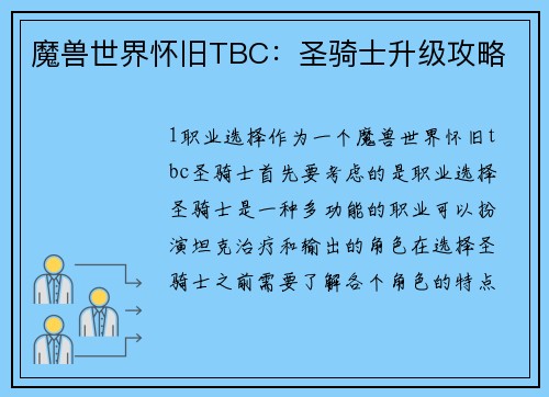 魔兽世界怀旧TBC：圣骑士升级攻略